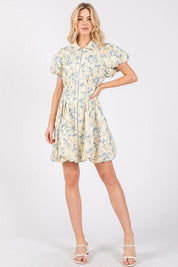 GeeGee Floral Eyelet Zipper Front Puff Sleeve Mini Dress | Daverri Fashions
