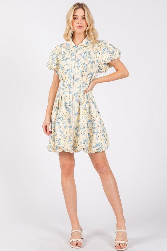 GeeGee Floral Eyelet Zipper Front Puff Sleeve Mini Dress - DAVERRI FASHIONS
