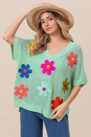BiBi Flower Patches Dolman Sleeve Lightweight Sweater | Daverri Fashions
