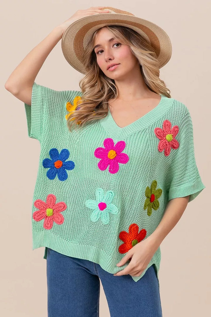 BiBi Flower Patches Dolman Sleeve Lightweight Sweater | Daverri Fashions