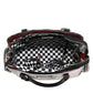 Nicole Lee USA eco-leather handbag with shiny silver body, black leather handles, checkered lining and side pockets