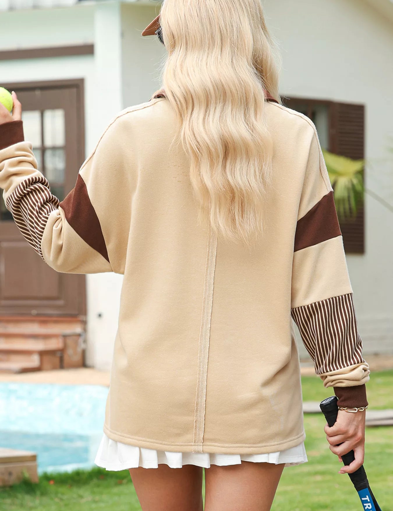 Color Block Striped Patchwork Sequin Rugby Graphic Polo Sweatshirt | Sweatshirts Daverri Fashions
