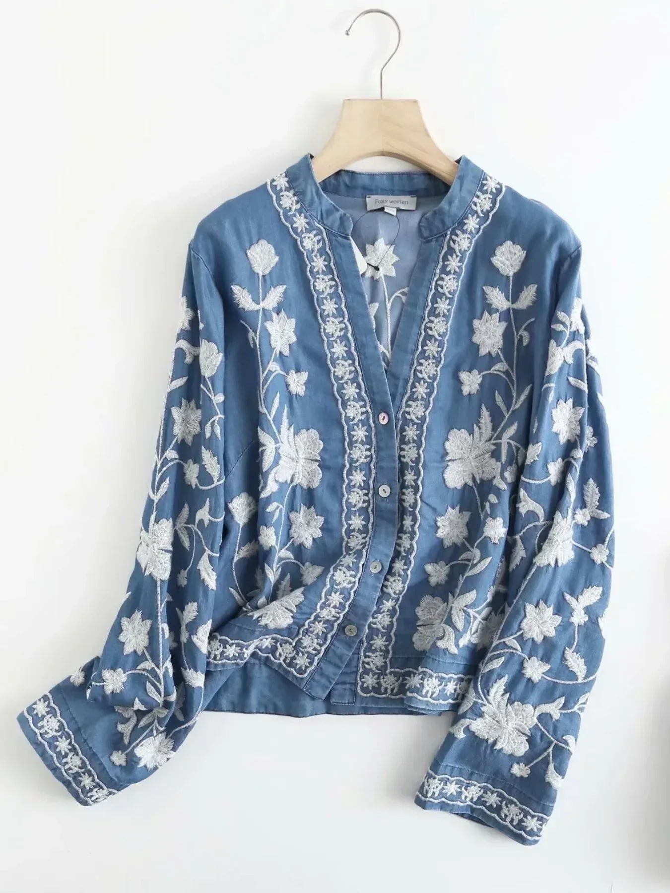 Floral Embroidered Button Up Denim Shirt - DAVERRI FASHIONS