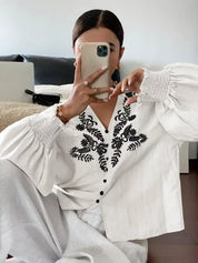 Daverri Fashions Embroidered Notched Long Sleeve Blouse - DAVERRI FASHIONS