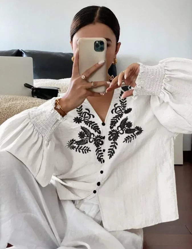 Daverri Fashions Embroidered Notched Long Sleeve Blouse - DAVERRI FASHIONS