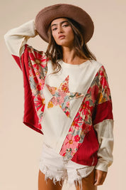 BiBi floral print mixed star patch round neck sweatshirt with red pink white accents