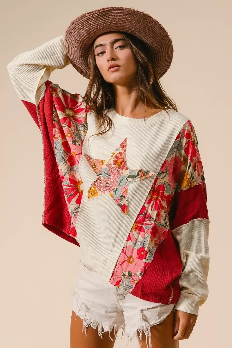 BiBi Floral Print Mixed Star Patch Round Neck Sweatshirt - DAVERRI FASHIONS