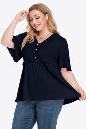 Navy blue plus size V-neck babydoll blouse with button front and frill trim hem