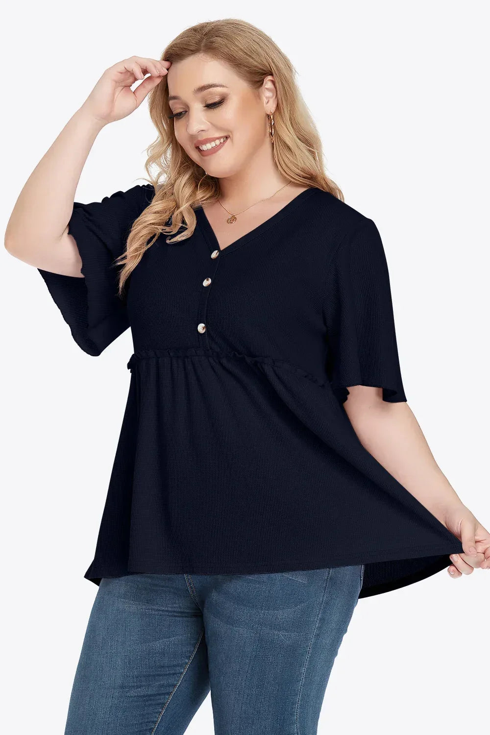 Plus Size Buttoned V-Neck Frill Trim Babydoll Blouse - DAVERRI FASHIONS