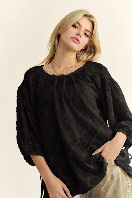 Davi & Dani Tied Round Neck Mesh Blouse Tops