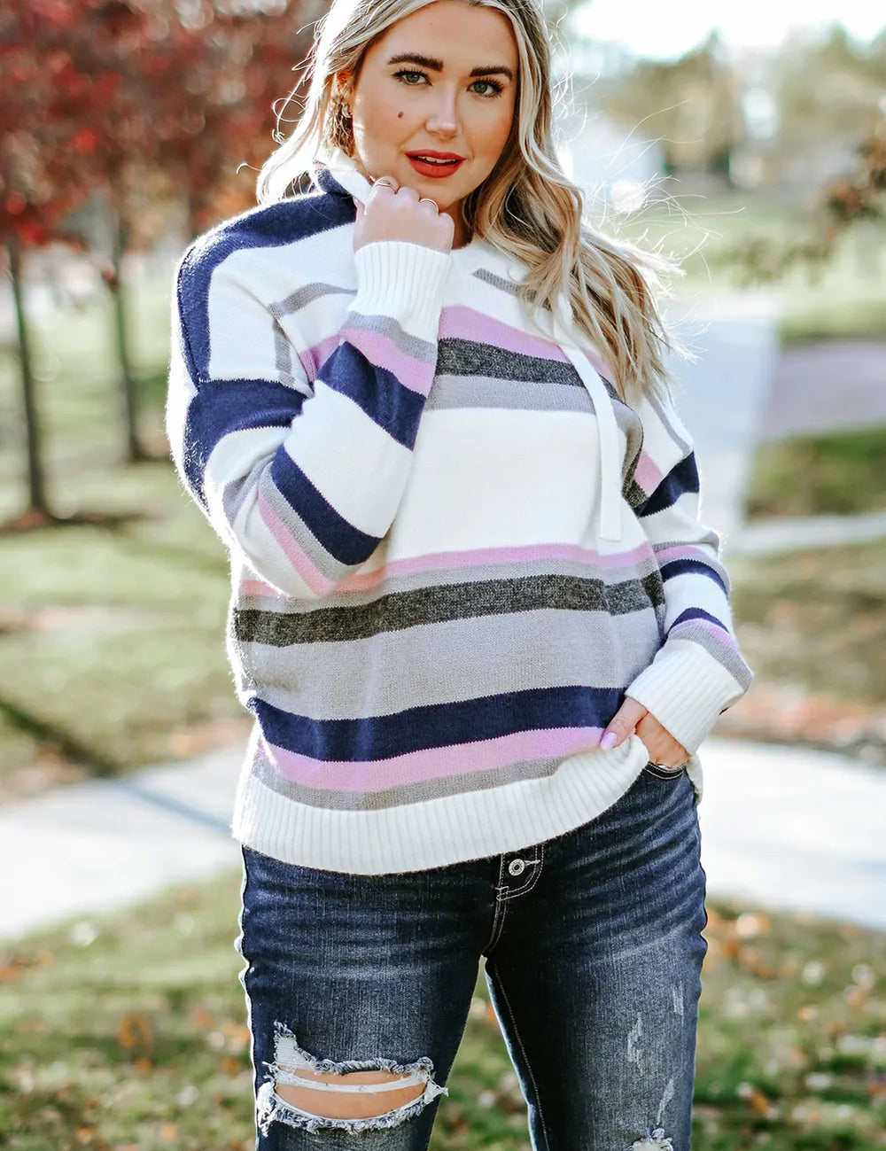 Plus Size Striped Long Sleeve Hooded Sweater | Daverri Fashions
