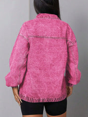 Zip Collar Long Sleeve Denim Top | Tops Daverri Fashions
