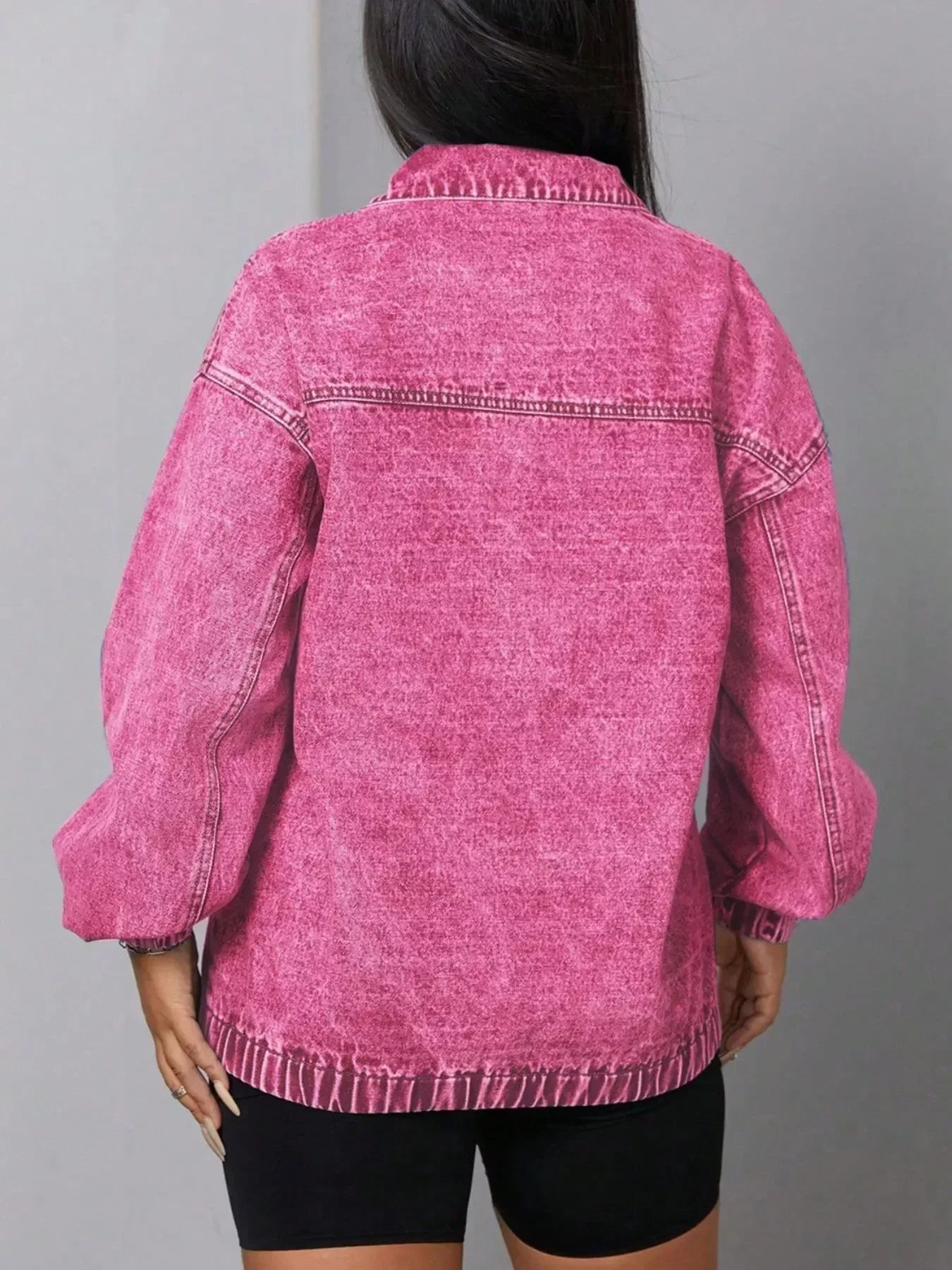 Zip Collar Long Sleeve Denim Top - DAVERRI FASHIONS