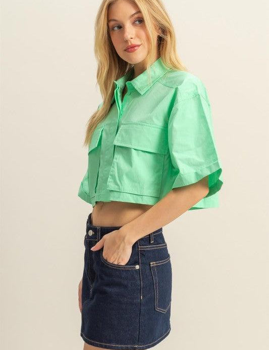 HYFVE Front Pockets Poplin Collared Neck Crop Shirt | Shirts Daverri Fashions