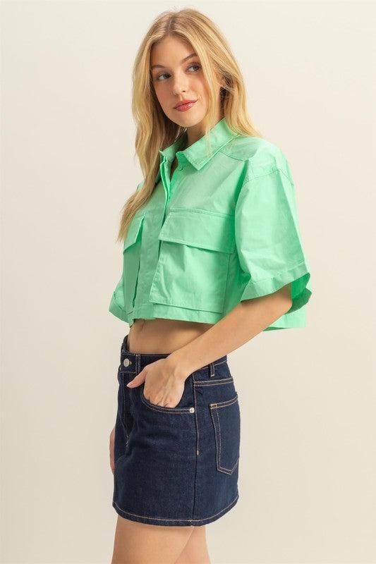 HYFVE Front Pockets Poplin Collared Neck Crop Shirt - DAVERRI FASHIONS