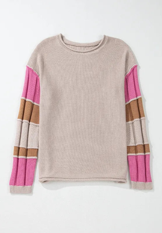 Color Block Round Neck Long Sleeve Sweater | Sweaters Daverri Fashions