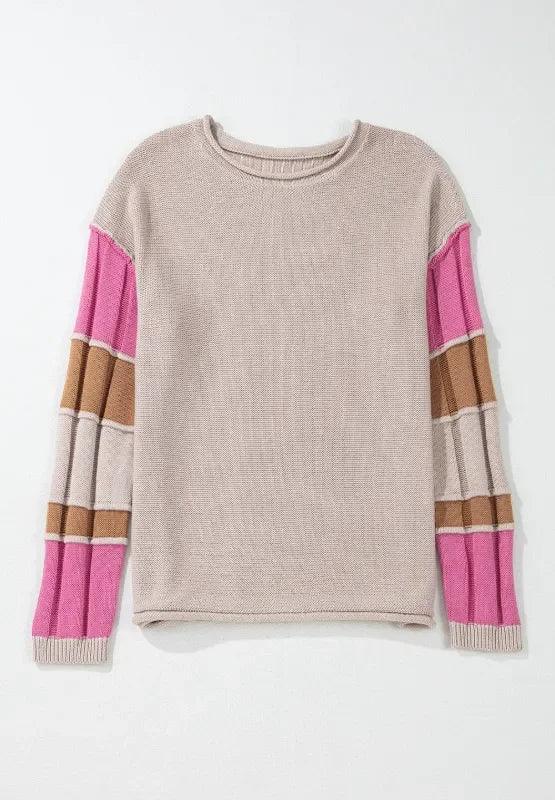 Color Block Round Neck Long Sleeve Sweater - DAVERRI FASHIONS