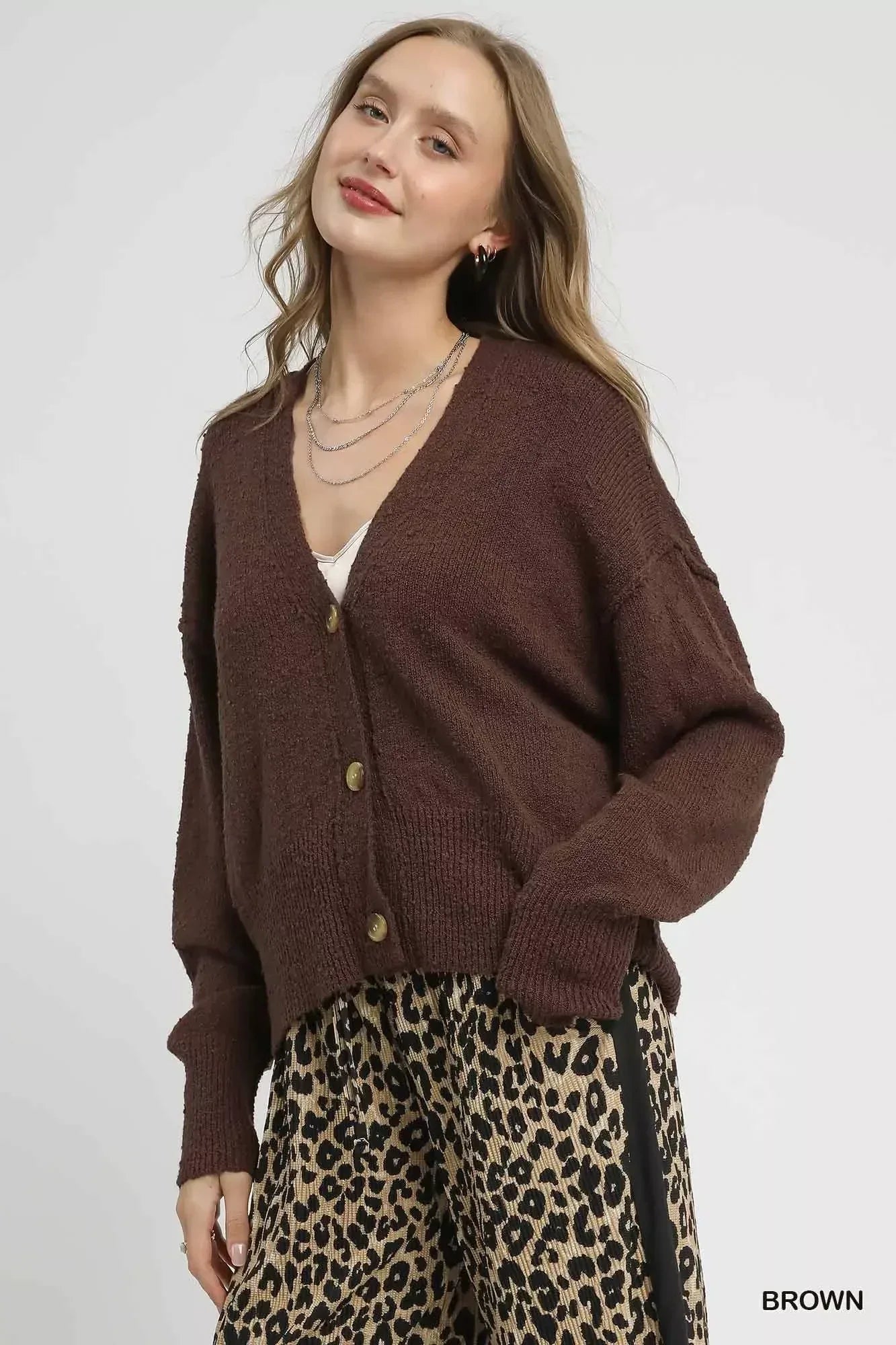 Umgee Button-Front V-Neck Knit Cardigan Brown - DAVERRI FASHIONS