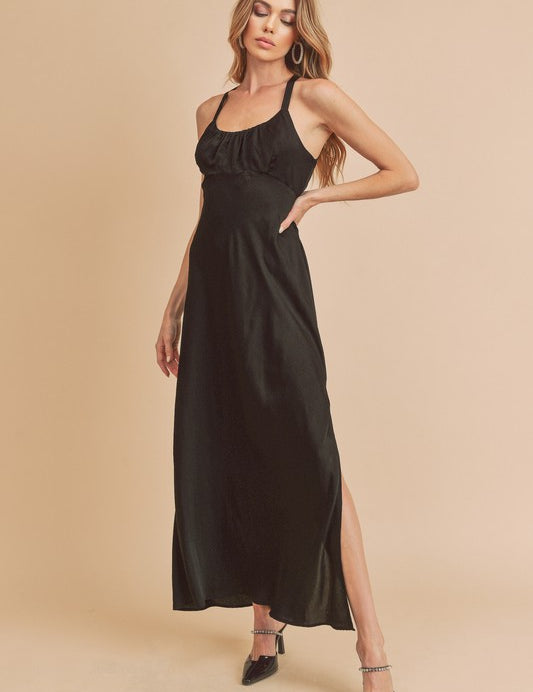 Aemi + Co Black Ruched Side Slit Cutout Back Maxi Cami Dress Black Cami Dresses