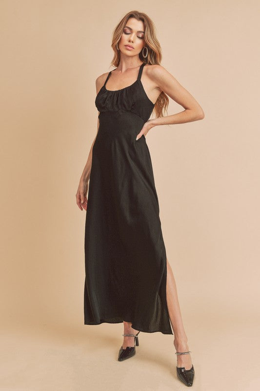 Aemi + Co Black Ruched Side Slit Cutout Back Maxi Cami Dress Black Cami Dresses