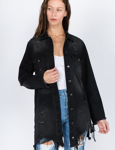 American Bazi Distressed Frayed Hem Denim Jacket Black