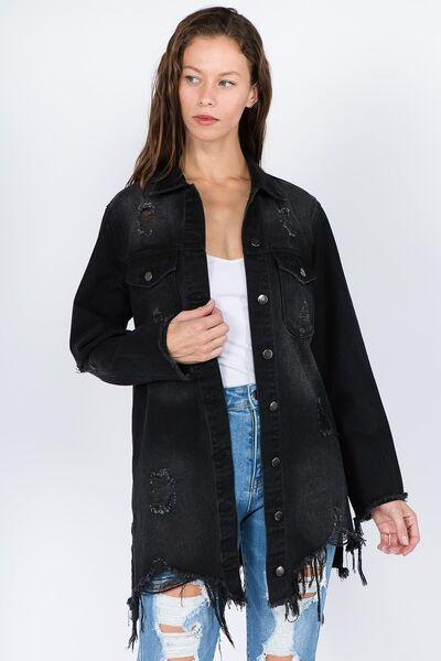 American Bazi Distressed Frayed Hem Denim Jacket Black M