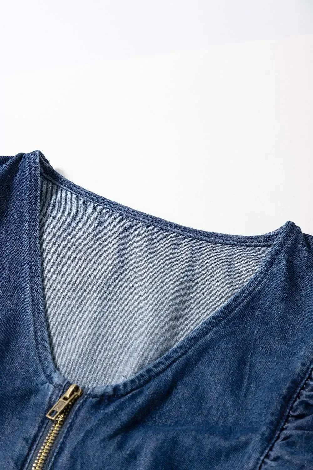 Denim Ruffled Zipped Front Belted Romper - DAVERRI FASHIONS