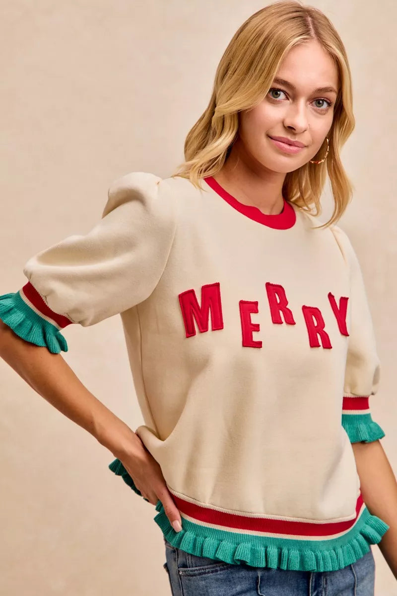 Cream and red BiBi Christmas sweater with ruffled sleeves, green accents