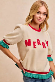 Cream and red BiBi Christmas sweater with ruffled sleeves, green accents