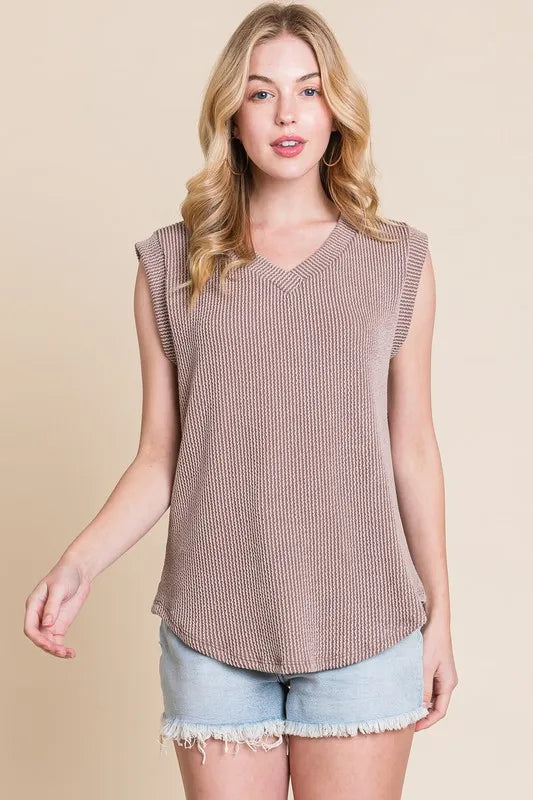 BOMBOM Rib Knit V-Neck Tank MOCHA