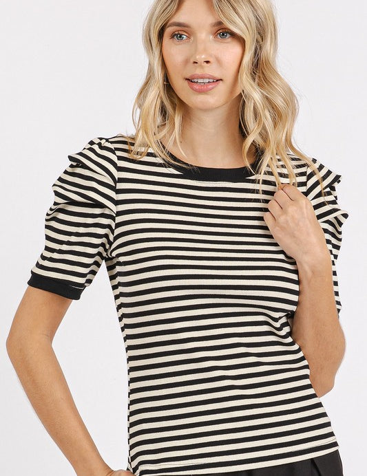 Mittoshop Striped Round Neck Puff Sleeve T-Shirt