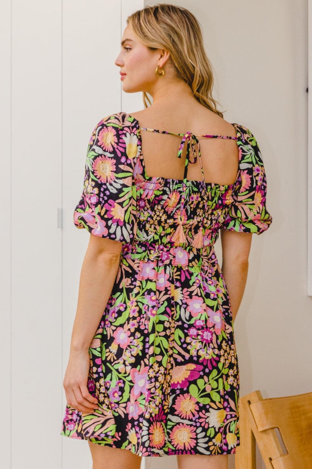 ODDI Full Size Floral Tie-Back Mini Dress Mini Dresses