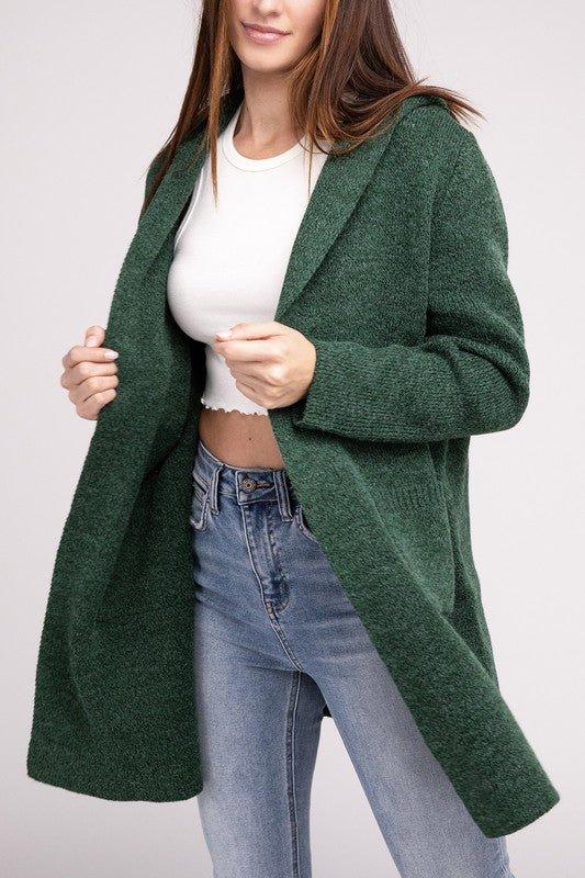 Zenana Hooded Cardigan Sweater DK GREEN Cardigans