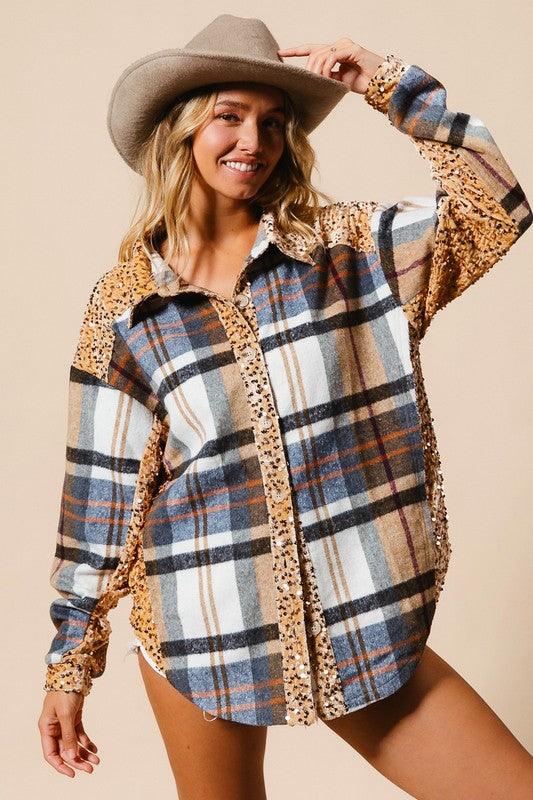 BiBi Curved Hem Sequin Plaid Button Up Shacket Jackets