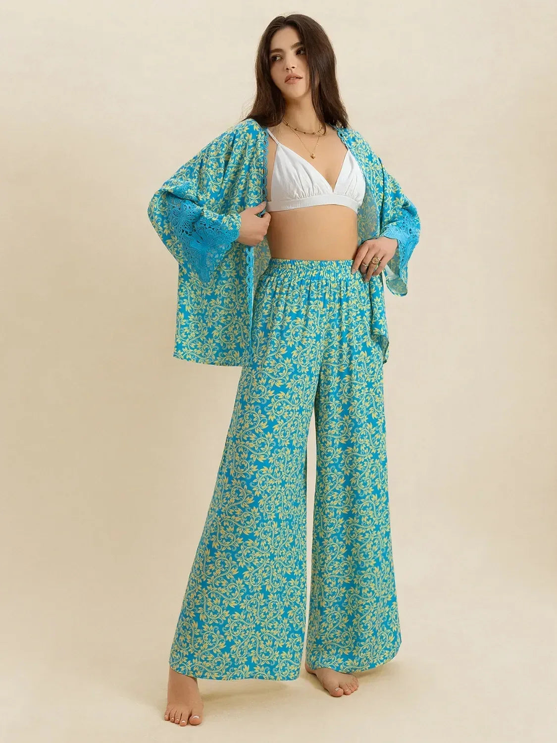 Open Front Printed Top and Pants Set - DAVERRI FASHIONS