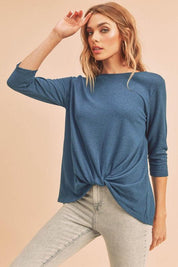 Teal Aemi + Co Twist Front Round Neck 3/4 Sleeve T-Shirt | T-Shirts Daverri Fashions