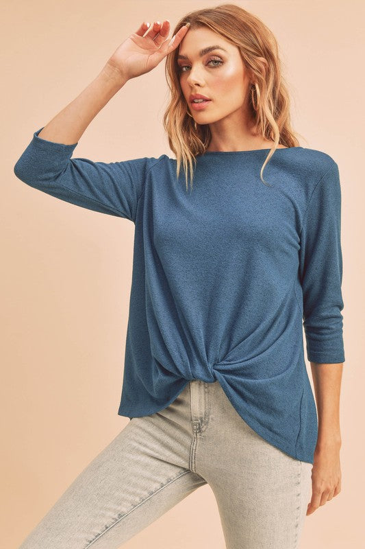 Aemi + Co Twist Front Round Neck 3/4 Sleeve T-Shirt Teal T-Shirts