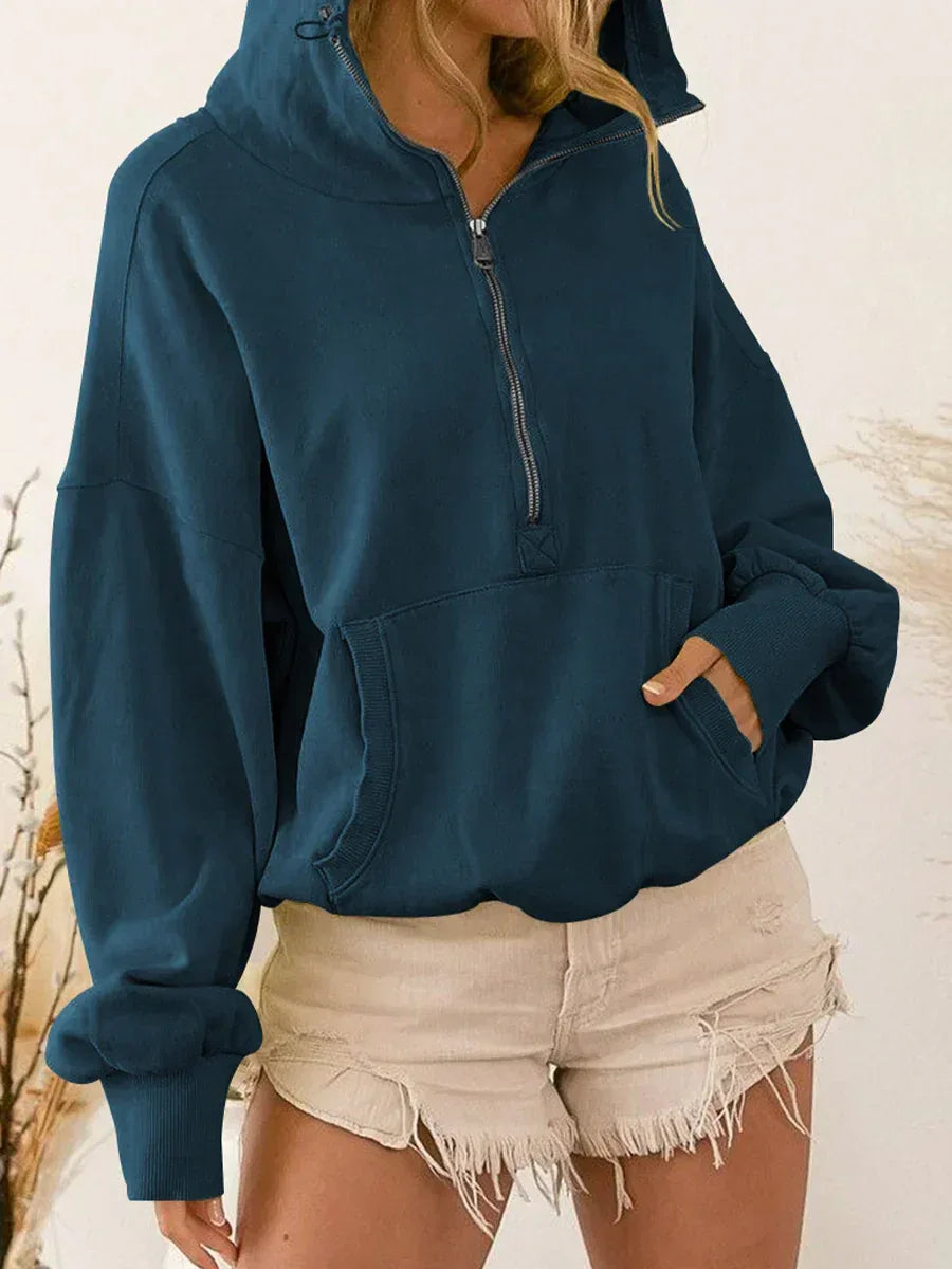 Zip-Up Dropped Shoulder Hoodie - DAVERRI FASHIONS