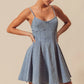 SO ME light-wash denim A-line fit and flare mini dress with thin straps