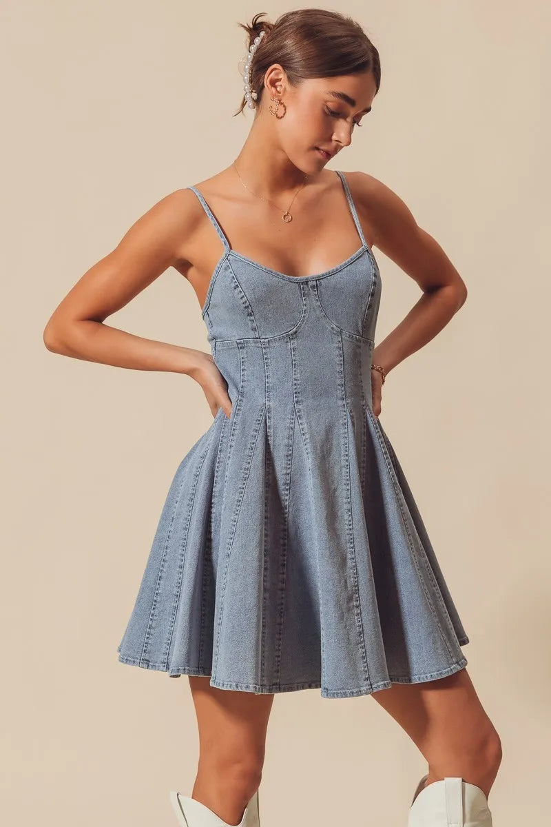 SO ME light-wash denim A-line fit and flare mini dress with thin straps