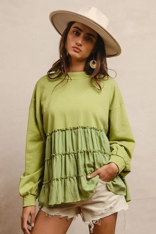 BiBi French Terry and Woven Mixed Tiered Top Tops