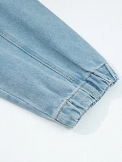 Elastic Edge Collared Zip Up Denim Jacket With Pocket | Denim Jackets Daverri Fashions