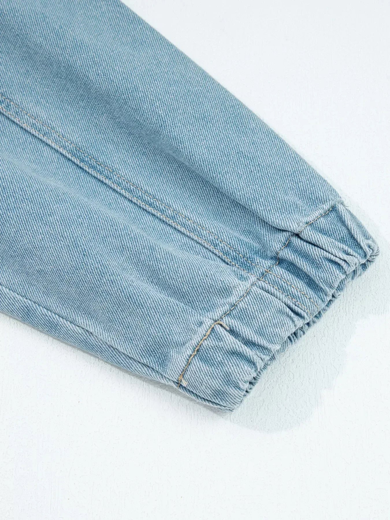 Elastic Edge Collared Zip Up Denim Jacket With Pocket - DAVERRI FASHIONS