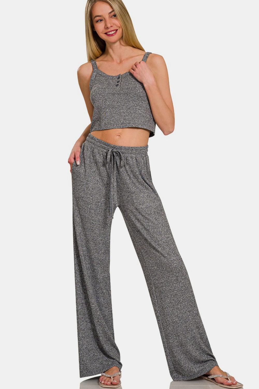 Zenana Drawstring Wide Leg Pants with Side Pockets Bottoms