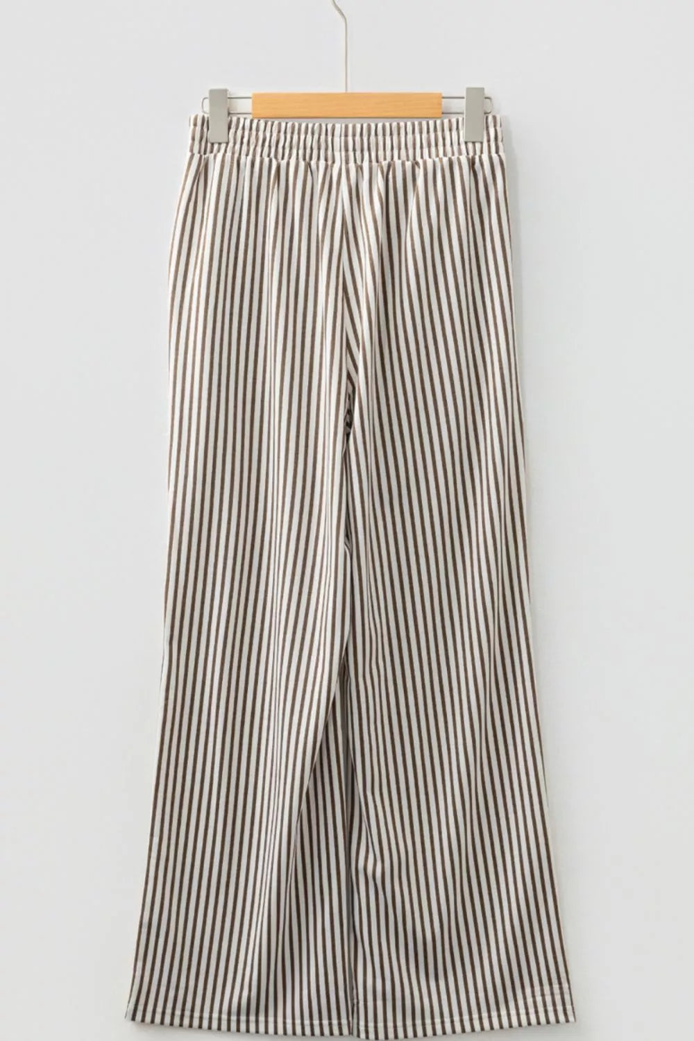 Beige and black striped elastic high-waist loose pocket pants