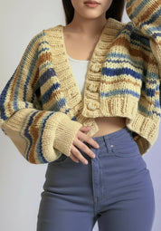 Cozy Chunky Knit Striped Cropped Cardigan in cream, mustard, blue, brown