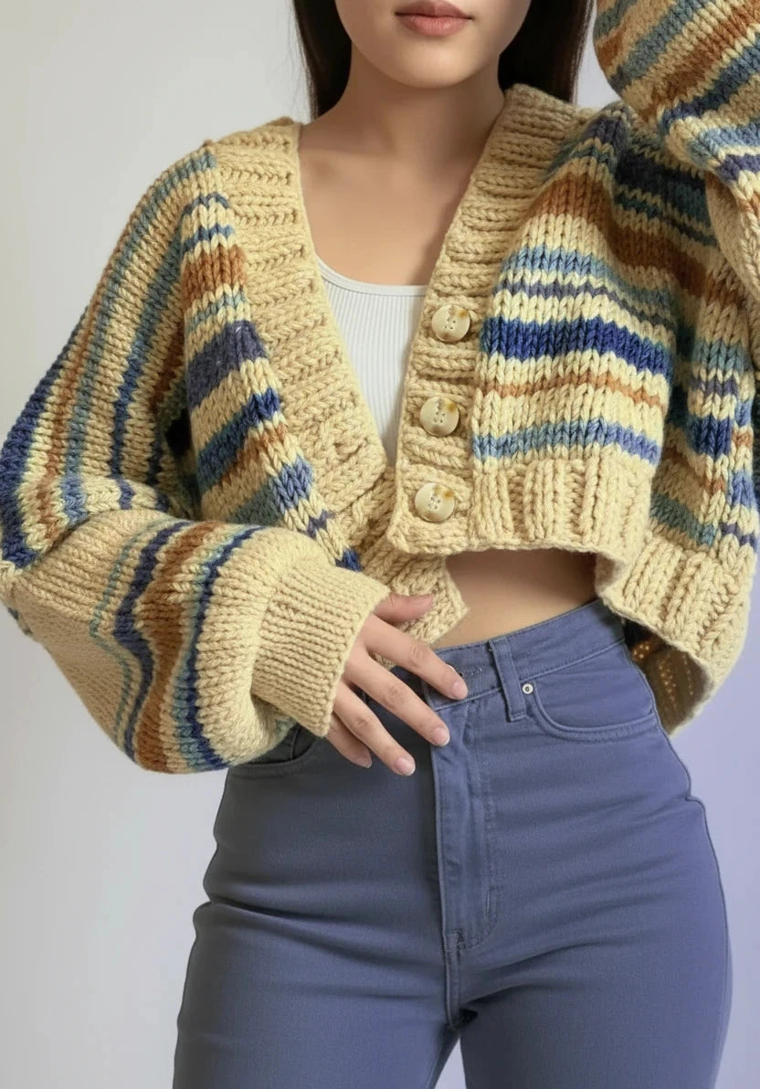 Cozy Chunky Knit Striped Cropped Cardigan in cream, mustard, blue, brown