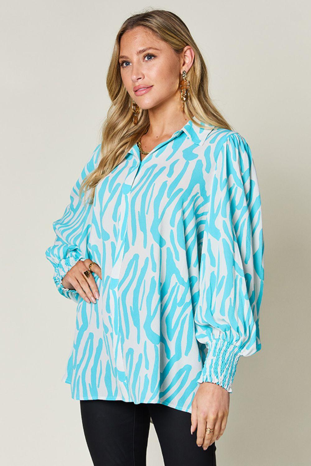 Double Take Full Size Printed Smocked Long Sleeve Blouse Shirts & Tops