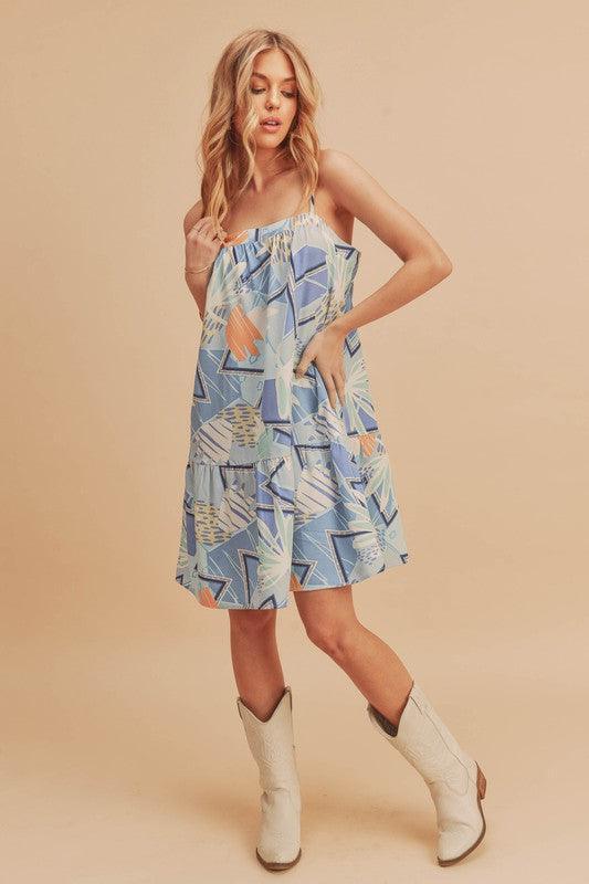 Aemi + Co Printed Ruffled Hem Square Neck Mini Cami Dress - DAVERRI FASHIONS