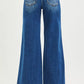 RISEN high rise wide leg blue denim jeans with frayed hem